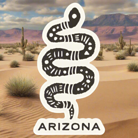 Arizona rattlesnake sticker on a desert landscape with distant mountains and blue sky and ARIZONA label