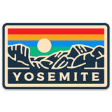 Yosemite National Park sunset sticker with colorful stripes, a sun, and bold Yosemite text.