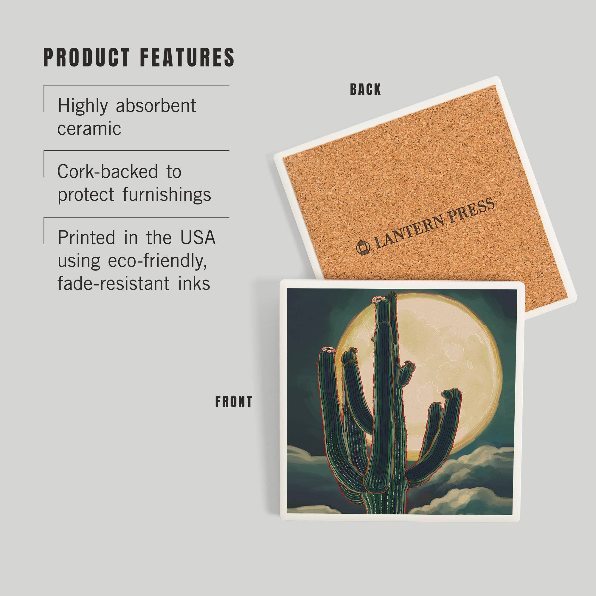 Cactus & Full Moon Ceramic Coaster
