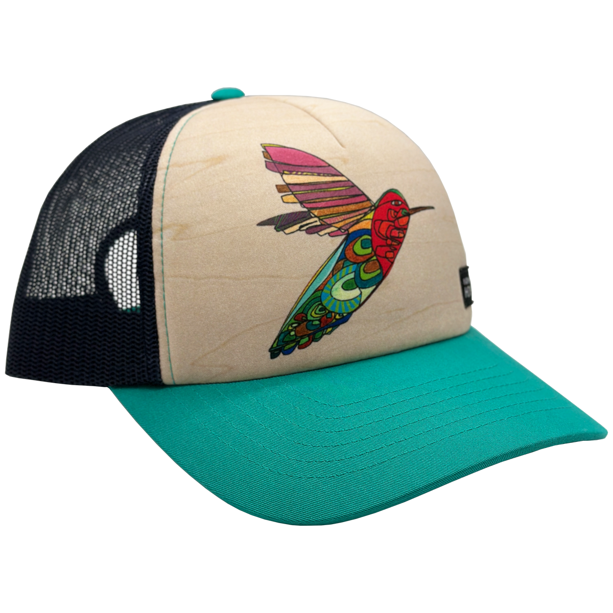 Foam trucker hat with a colorful hummingbird design on the beige front panel, teal brim, and black mesh back.