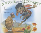Cover of The Tortoise and the Jackrabbit showing a jackrabbit leaping toward a tortoise in a desert scene with flowers.