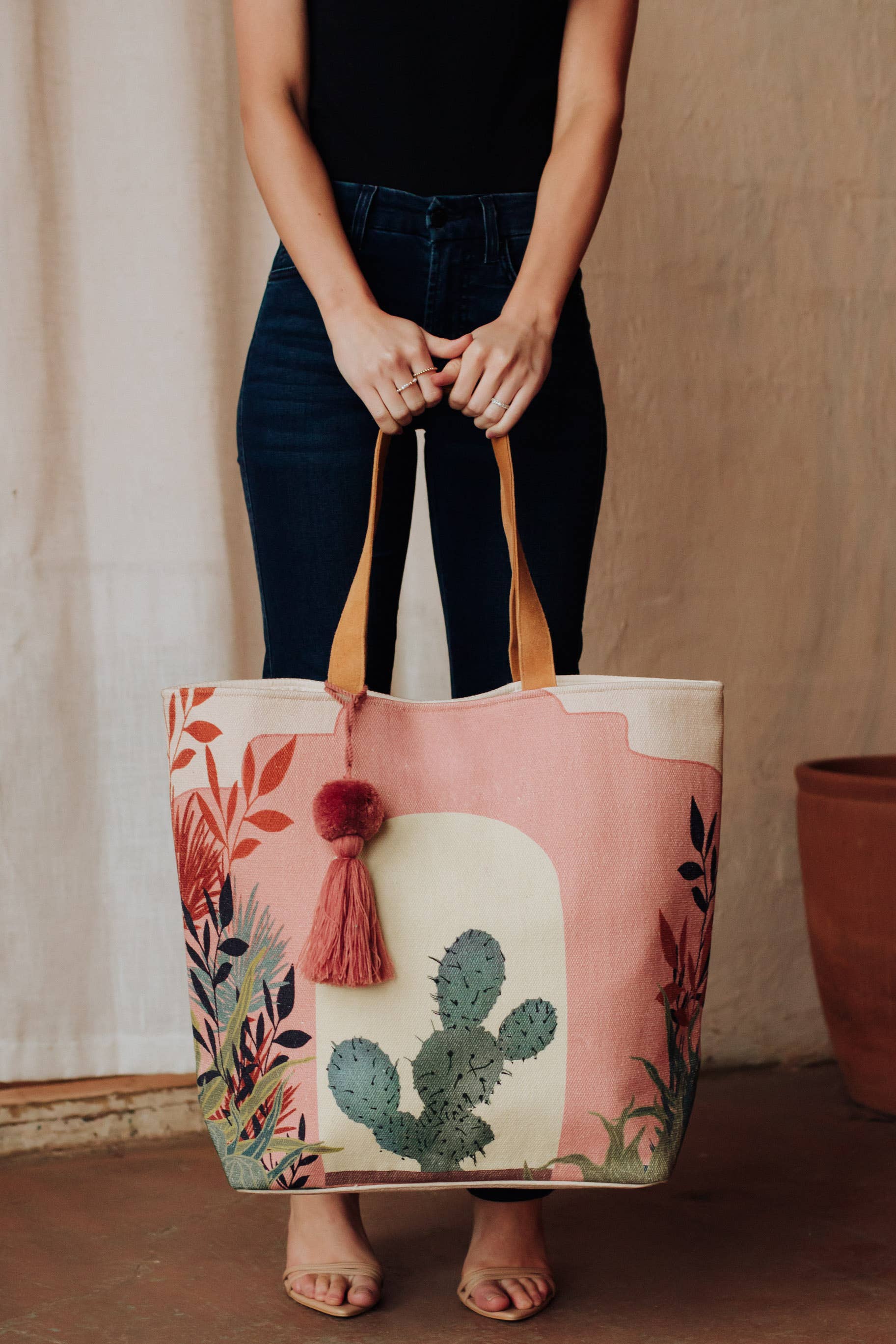 Pink Prickly Pear Cactus Landscape Tote
