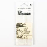 Coconut sandalwood car freshener in clear packaging with palm leaf artwork