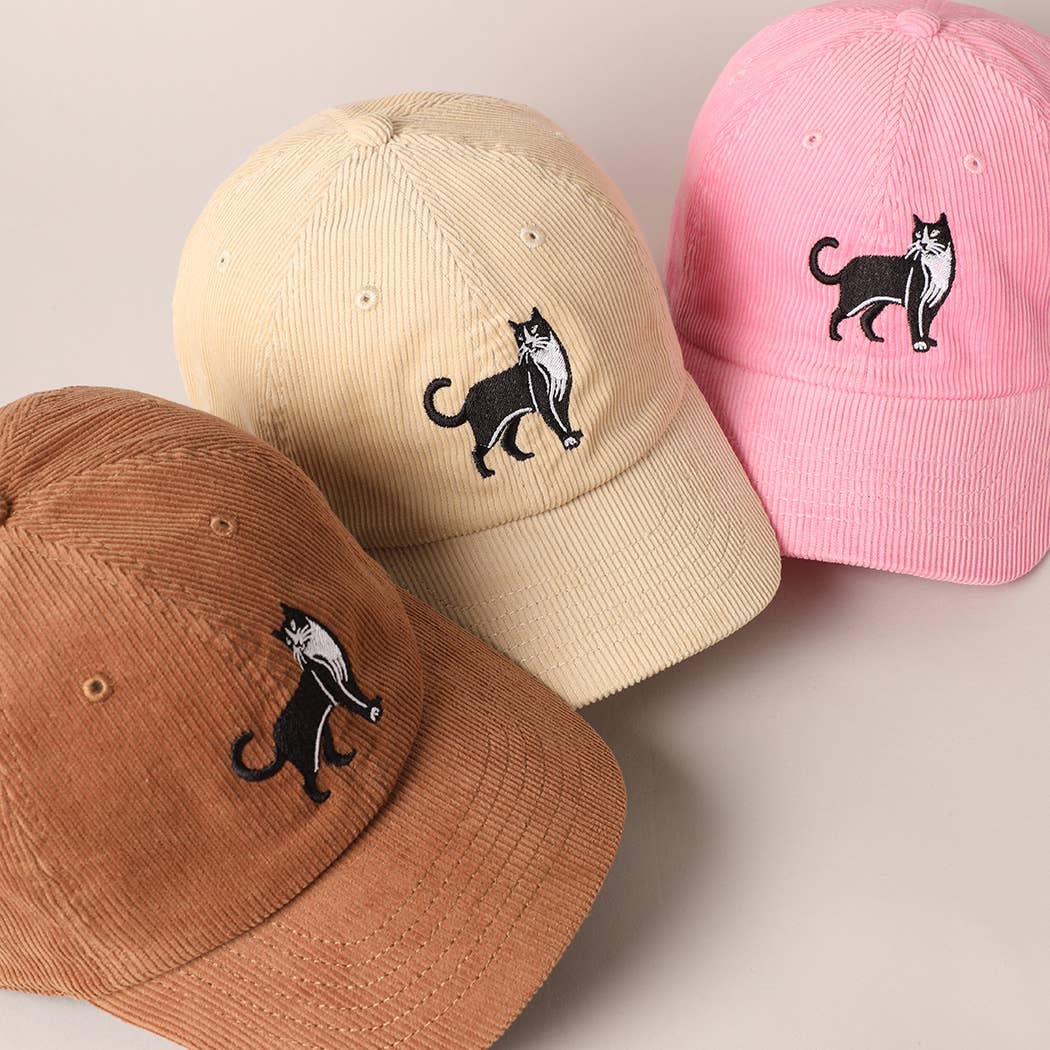 Tuxedo Cat Embroidery Corduroy Baseball Cap