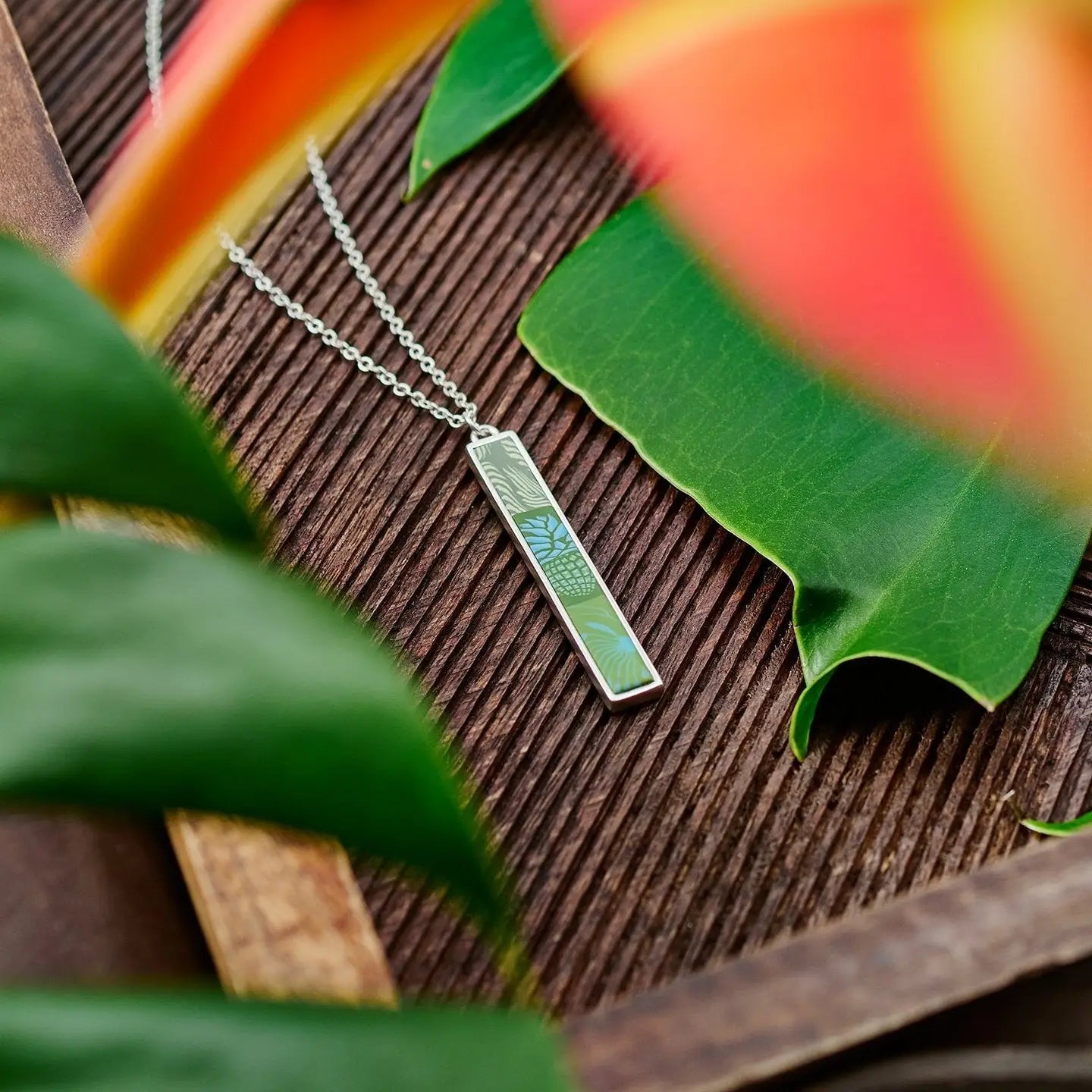 Tropical Green Reversible Bar Necklace - Vertical