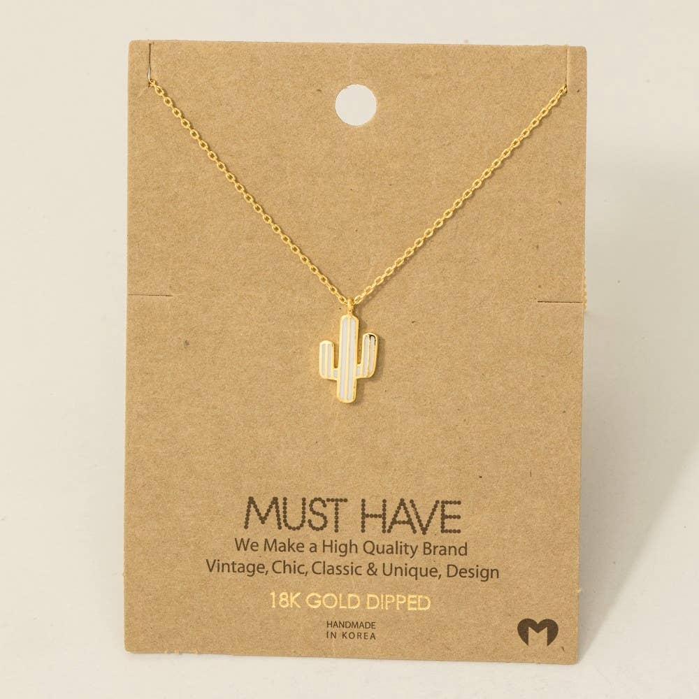 Gold Dipped Enameled Cactus Pendant Necklace