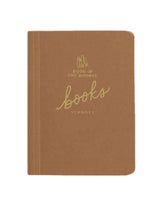 Brown leather journal cover with gold foil book icon and One Hundred Books Journal title