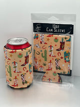 Cowboy Boots Koozie with a colorful desert boot pattern and a matching fabric panel beside a can.