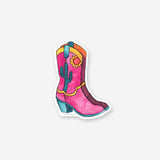Bright pink cowgirl boot vinyl sticker with turquoise cactus accents and a white border.