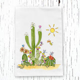 Saguaro Cactus Happy Garden Tea Towel with a desert scene of tall flowering cactus, other cacti, succulents, dragonflies and sun
