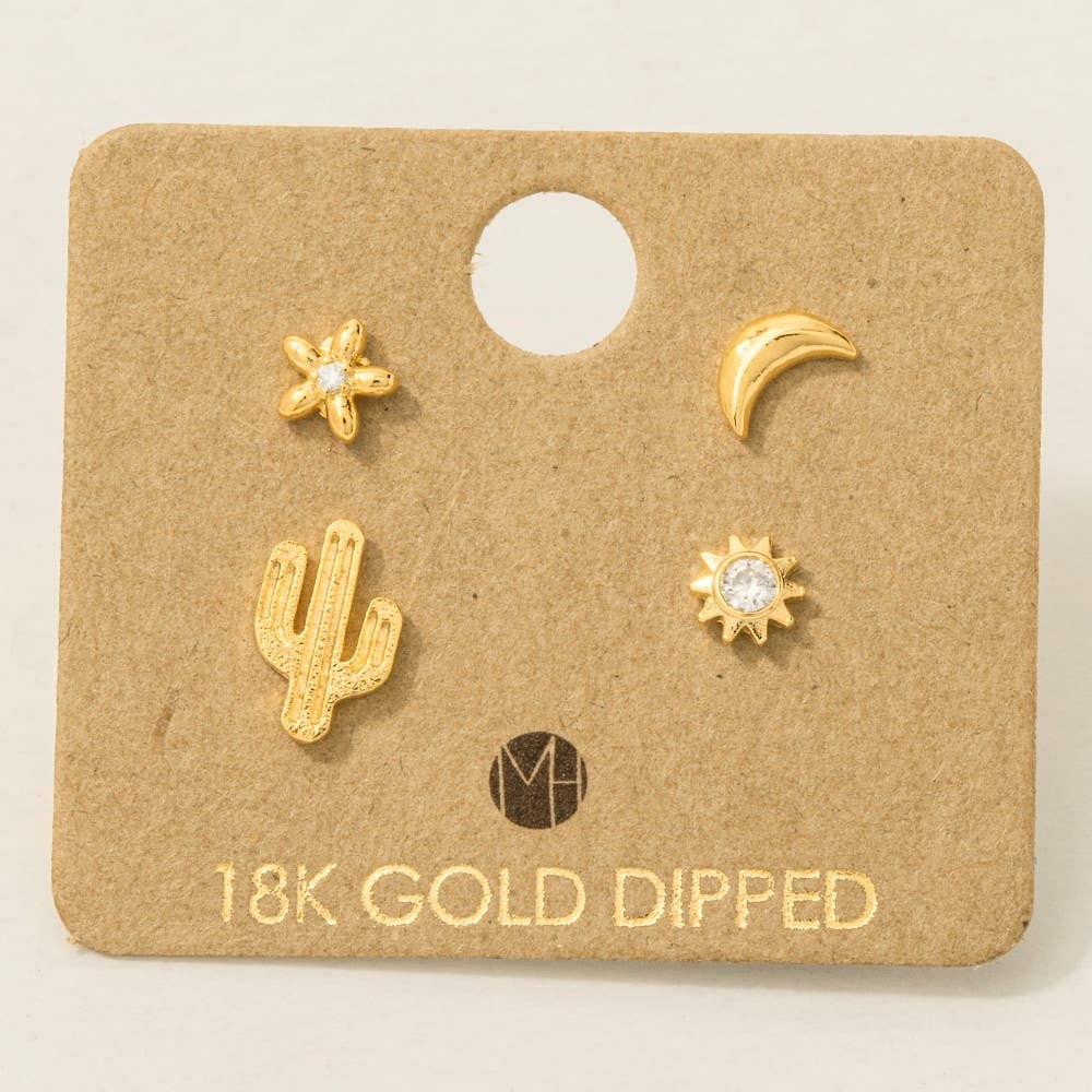 Gold Dipped Mini Cactus Flower Stud Earrings Set