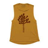 Joshua Tree Tank top in dandelion yellow with a brown Joshua tree illustration.