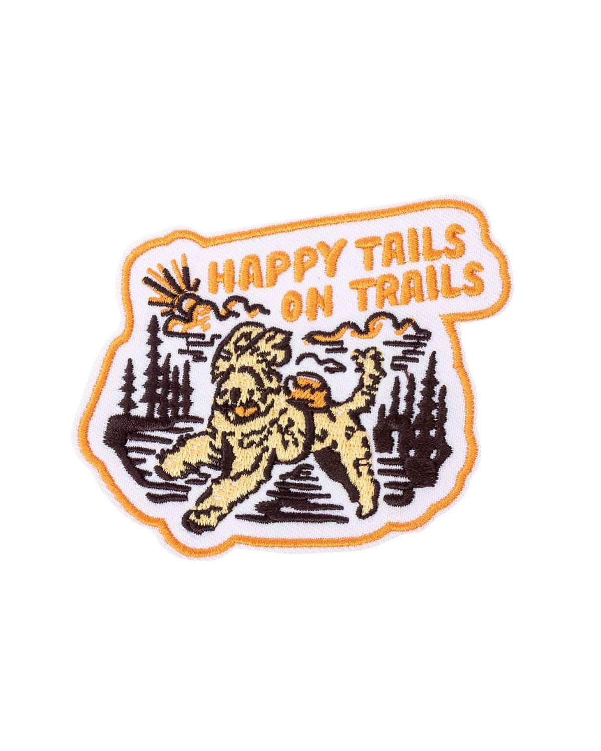 Happy Tails on Trails Patch with orange border showing a dog running through trees