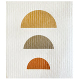Half moon Swedish dishcloth showing a gold top arc and a taupe bottom arc on white.