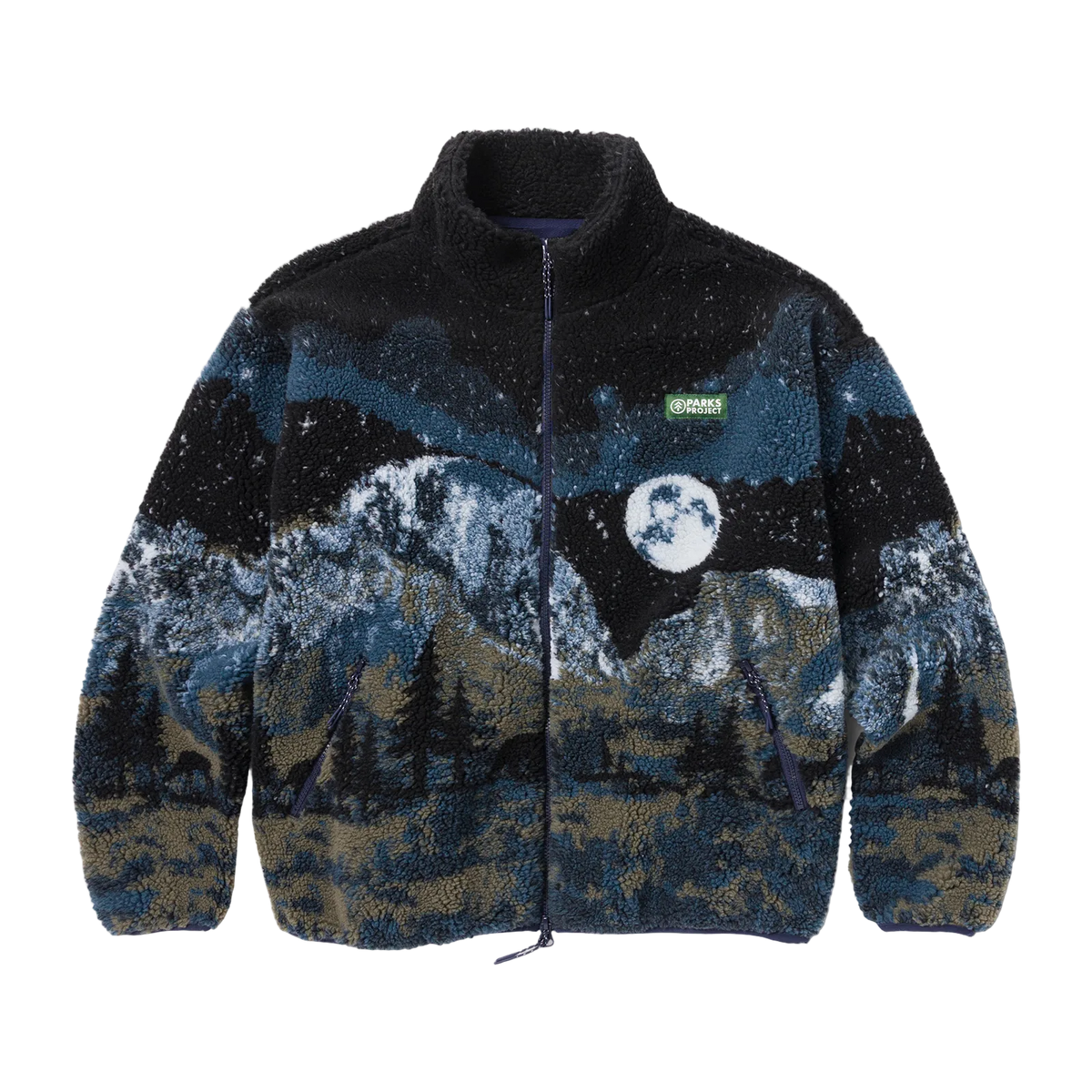 Front view of a man wearing a black Yosemite Night Views fleece with a zip and a green Parks Project patch