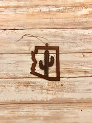 Arizona State Outline with Saguaro Cactus Rustic Ornament