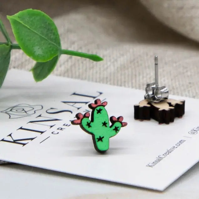 Wooden Blooming Saguaro Earrings