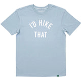 Light blue short sleeve tee with white curved I'D HIKE THAT text across the chest.