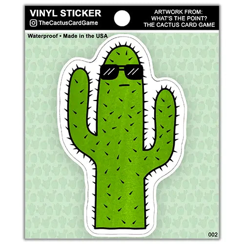 Vinyl sticker of a green saguaro cactus wearing sunglasses.