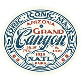 Vintage round Grand Canyon National Park sticker with Arizona and retro blue typography