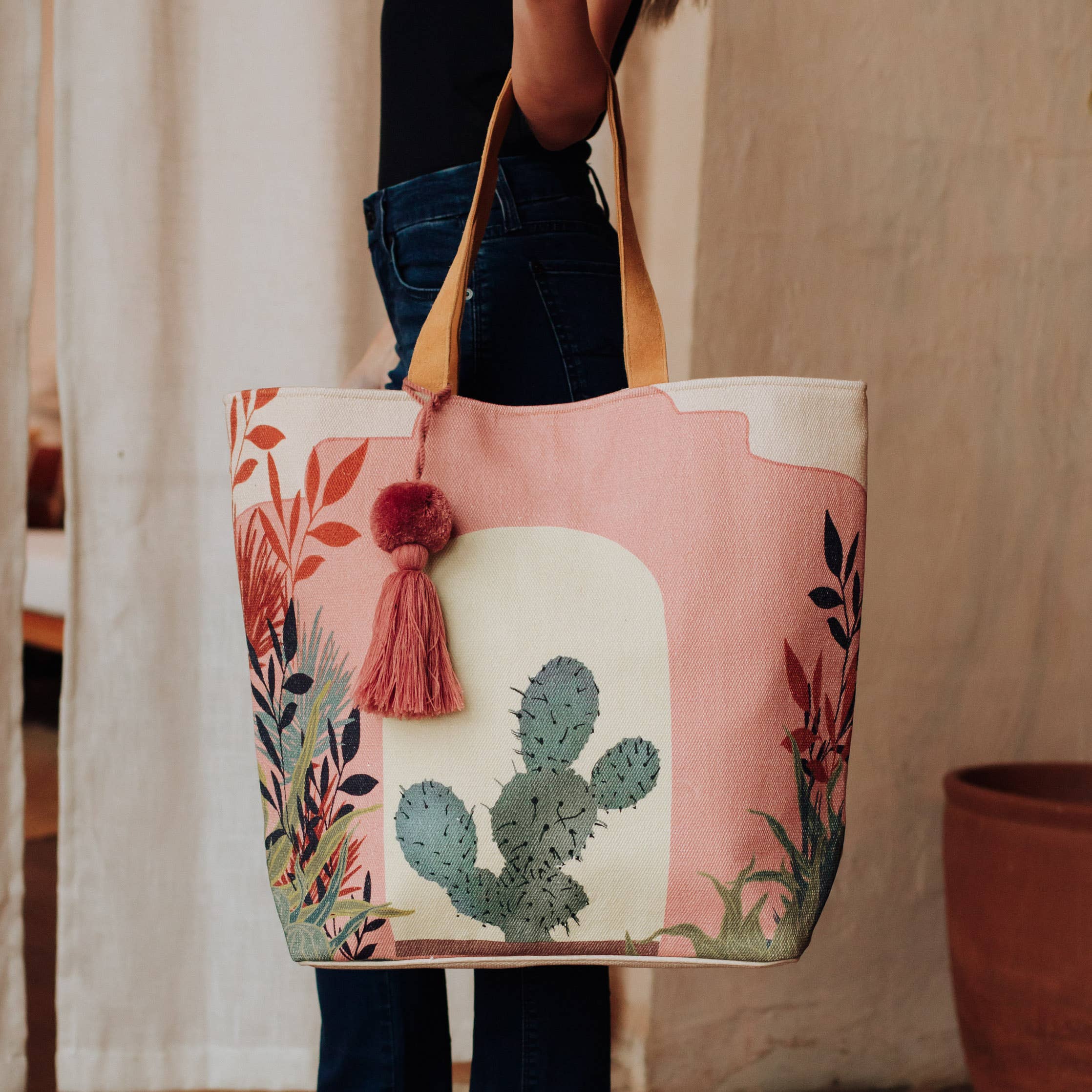 Pink Prickly Pear Cactus Landscape Tote