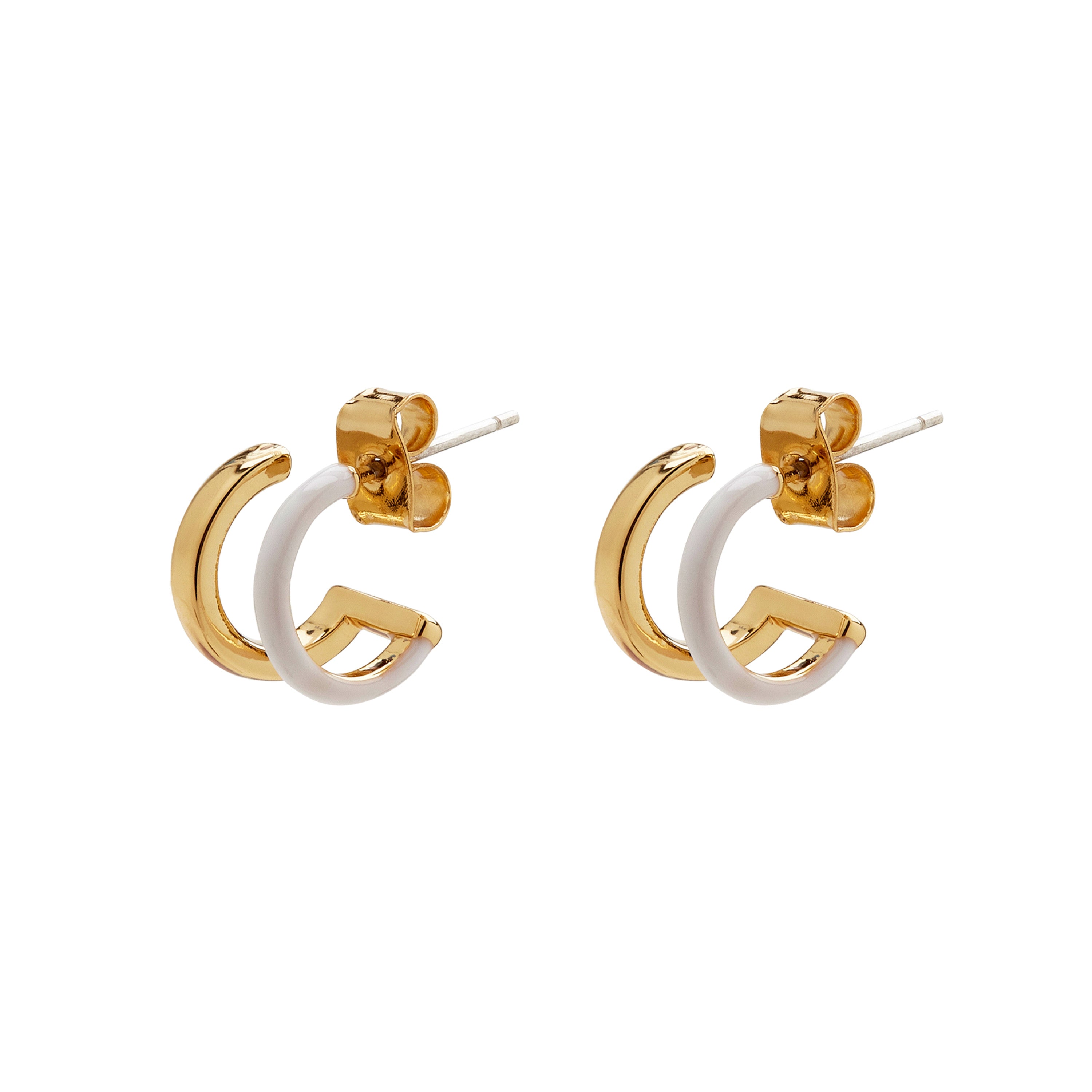 Double Hoop Huggies - Gold/White