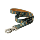 Looking Sharp Leash cactus print dog leash in blue green with orange cacti and metal clip.