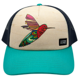 Beige foam front trucker hat with a bright multicolored bird illustration and a Katherine Homes label on the black mesh side