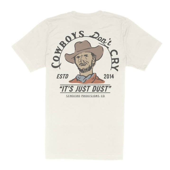 Back view of a cream Cowboys Don't Cry tee with a circular cowboy portrait and vintage typography.