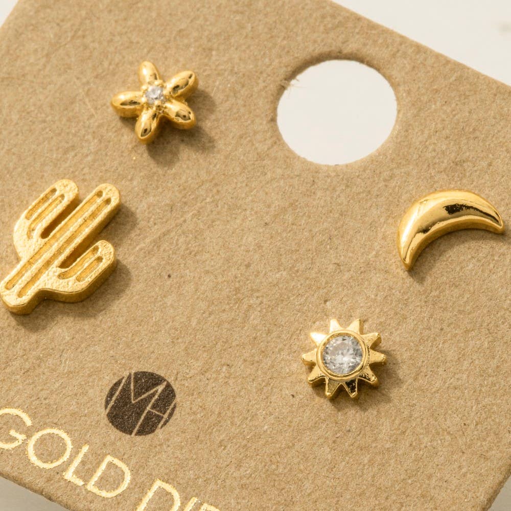Gold Dipped Mini Cactus Flower Stud Earrings Set