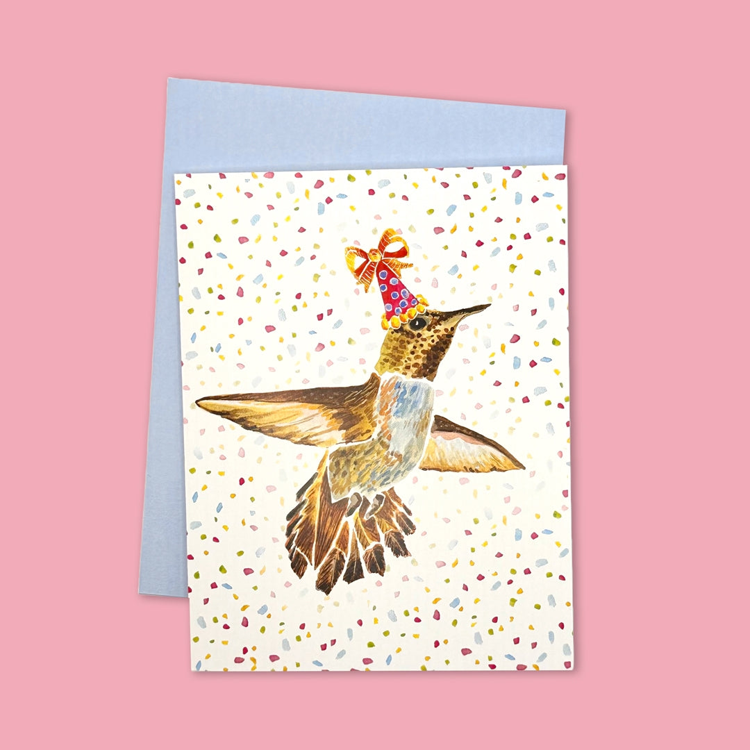 Hummingbird in Birthday Hat and Confetti Blank Note Card