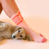 Pink Dog Mom ribbed crew socks with red stripes shown beside a lying golden retriever.