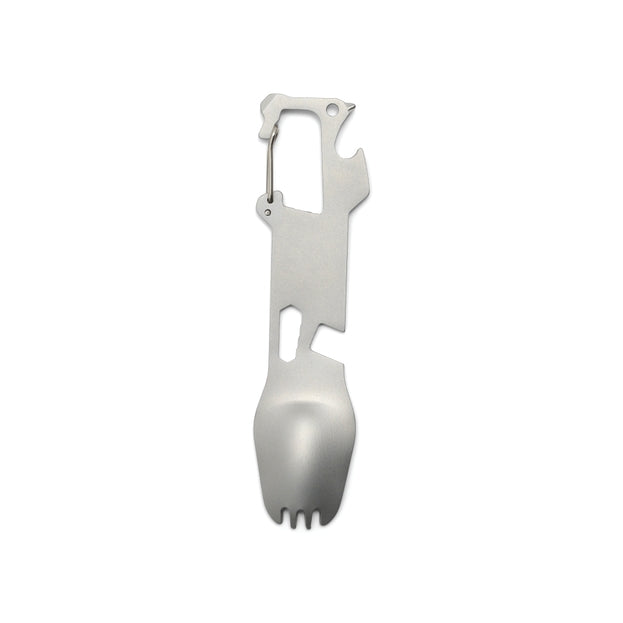 Vertical stainless steel fork multi tool with built in spoon at the end and a small attachment loop