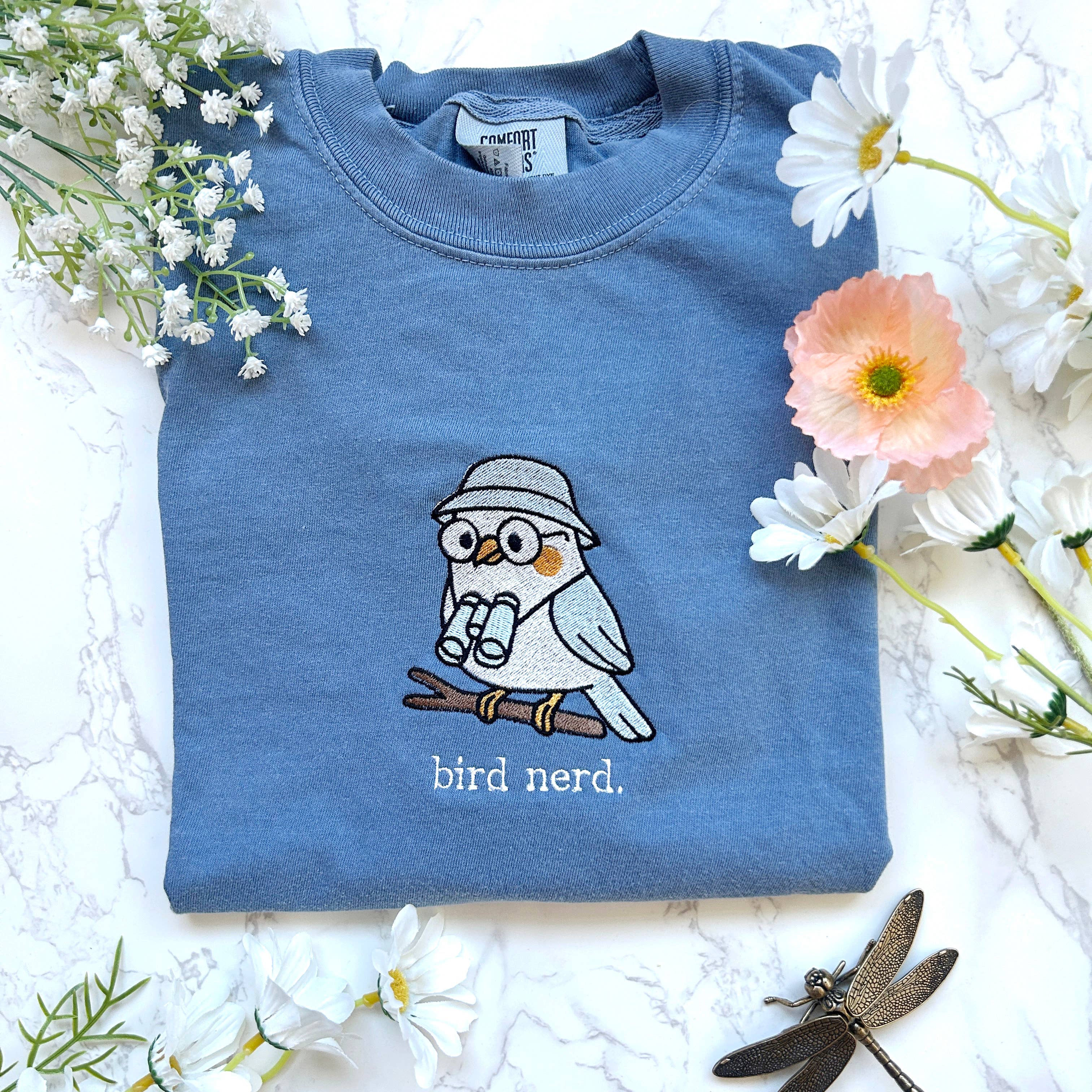 Embroidered Bird Nerd Outdoorsy Nature Tshirt 