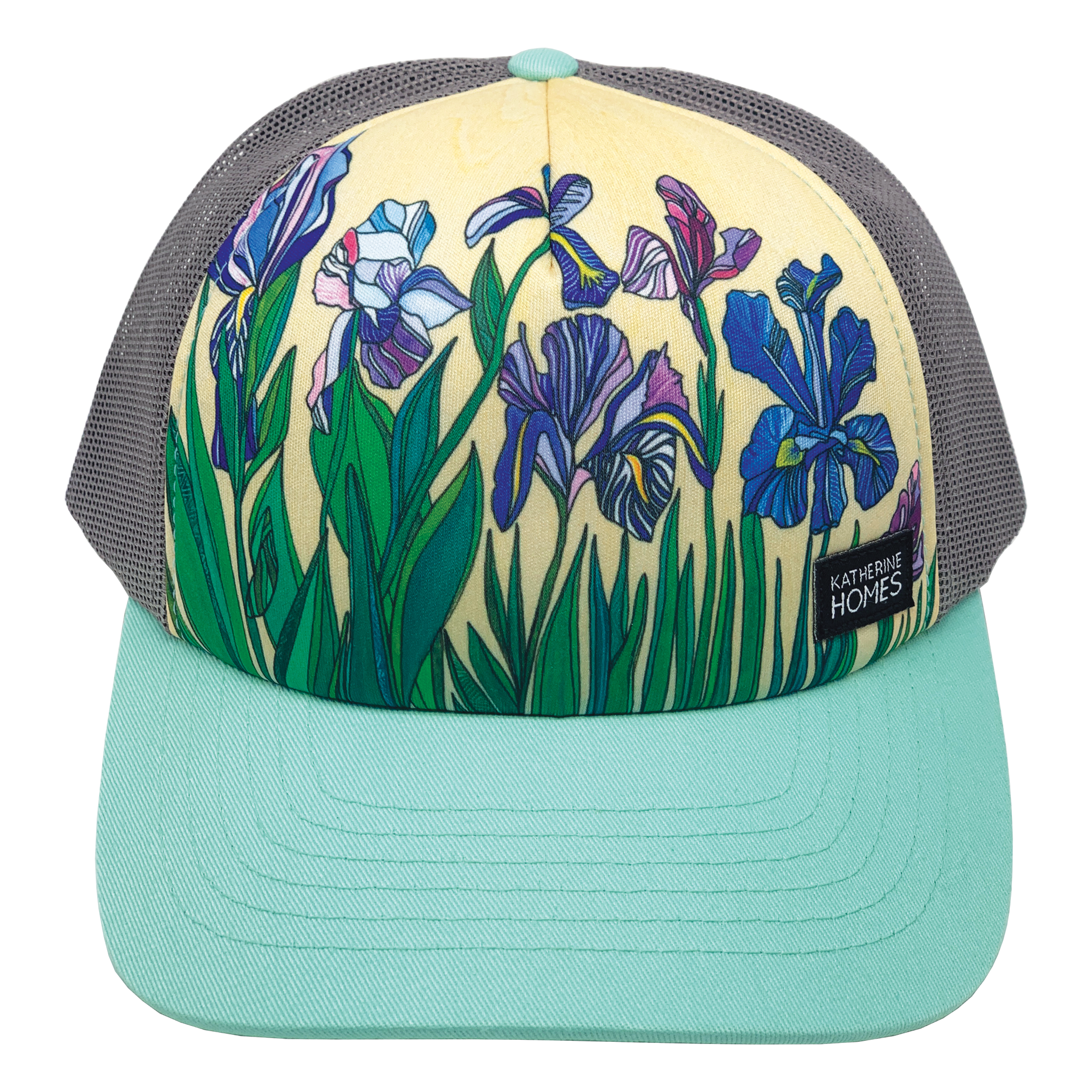 Iris Flowers | Trucker Hat | Aqua | 100% Grey Recycled Mesh