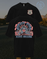 Black Mother Road Tee Route 66 with small chest shield logo and large back graphic Iconic Arizona