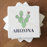 Vintage Arizona cactus painted marble coaster featuring a green cactus and ARIZONA lettering
