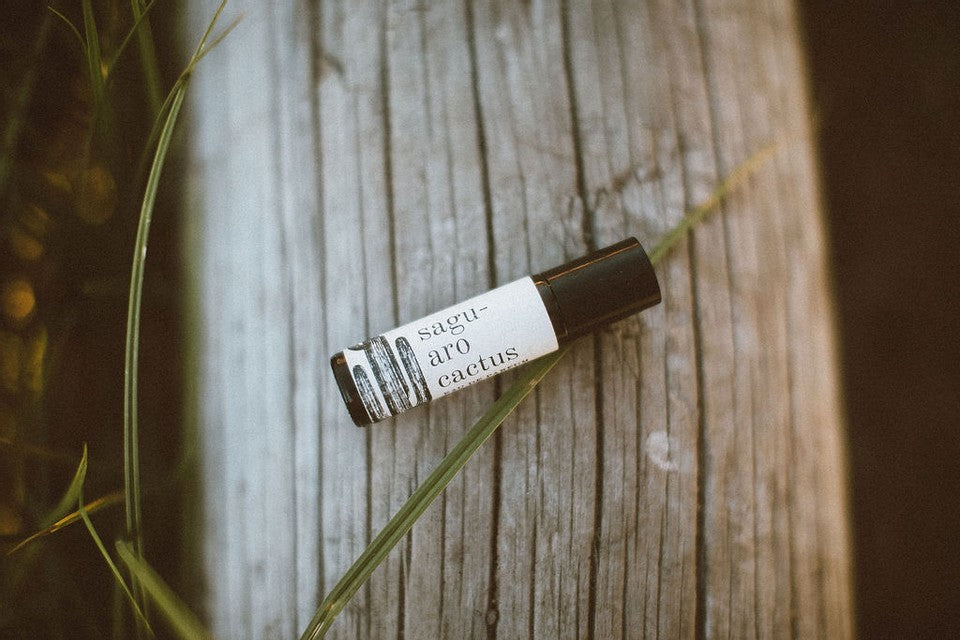 Saguaro Roll-On Perfume bottle resting on weathered wood with a plant nearby
