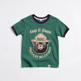 Green Keep It Green Kids' Ringer Tee with purple rib collar and cuffs featuring Smokey Bear graphic.