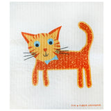 Orange tabby cat with a blue bow tie on a Swedish dishcloth.
