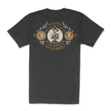 Dark t shirt back view featuring a large circular vintage Dead or Alive graphic with a skeleton figure.