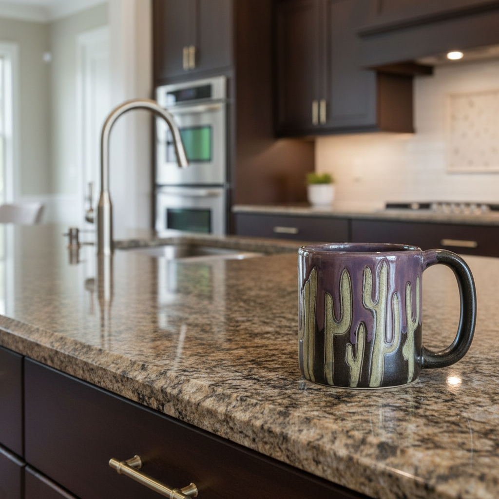 Purple Saguaro cactus round stoneware mug with cactus motifs on a granite kitchen island.