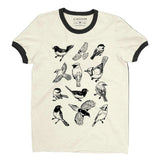 Cream ringer tee with multiple black birds printed across the chest