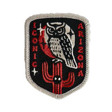Embroidered Night Owl patch with a white and gray owl perched above a red cactus on black fabric