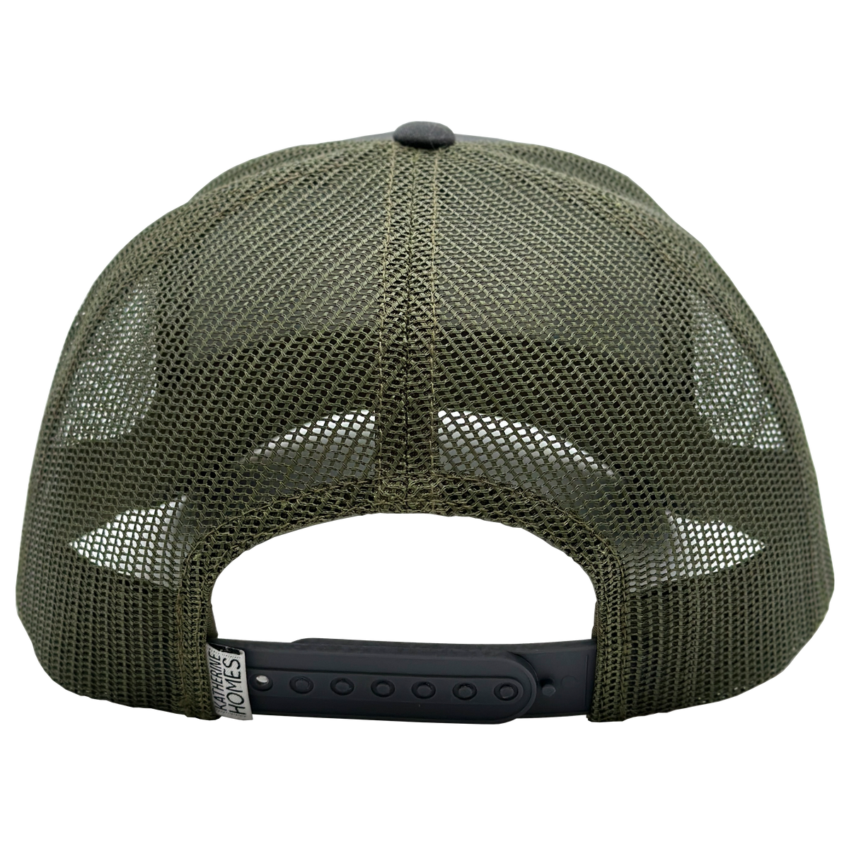 Colorado Cutthroat Trout trucker hat back view with olive green mesh and black strap