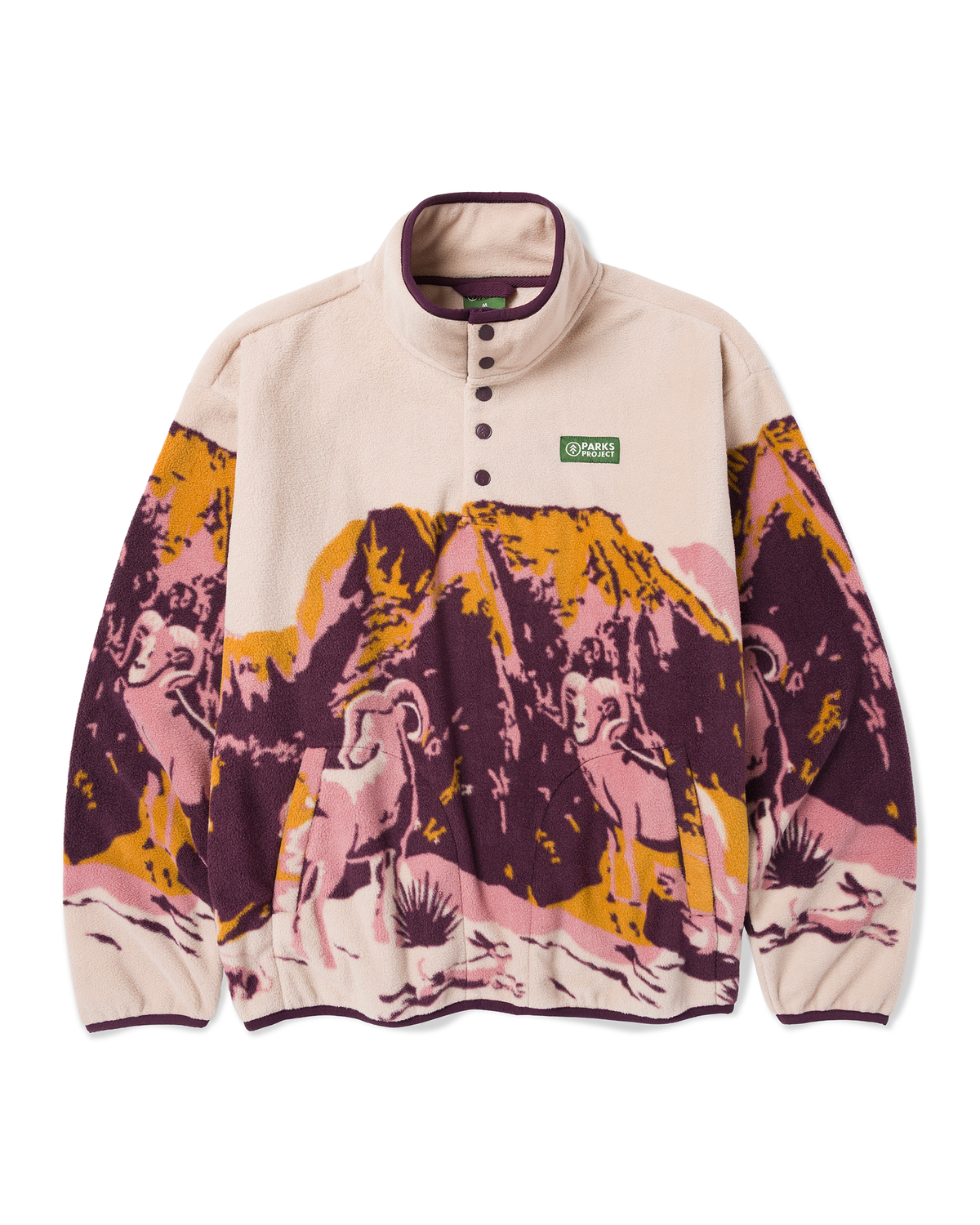 Beige fleece pullover with purple collar trim and colorful mountain print and Parks Project patch