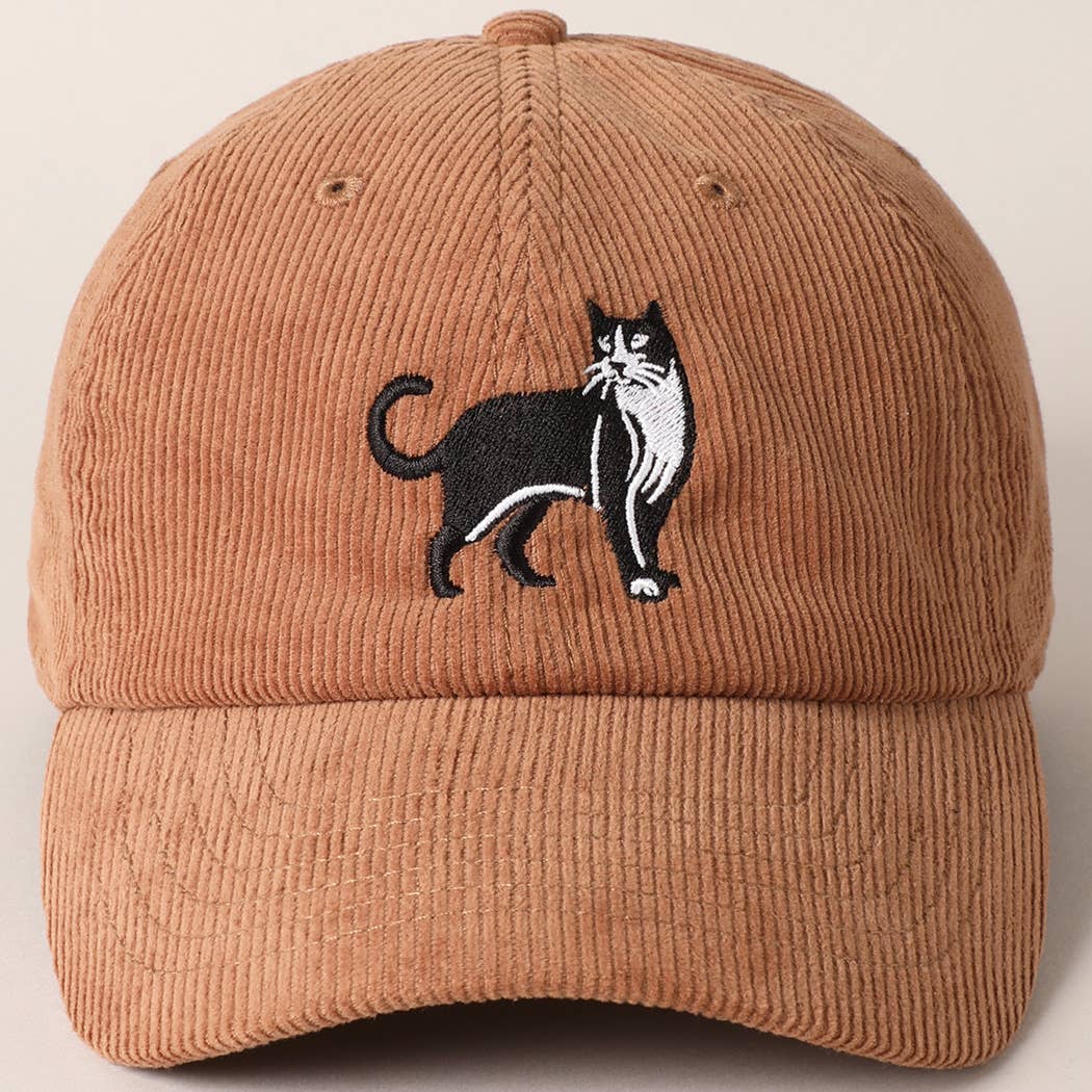 Tuxedo Cat Embroidery Corduroy Baseball Cap