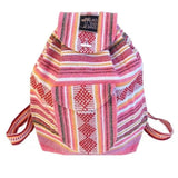 Baja Backpack in salmon pink with multicolored woven stripes and a front pocket