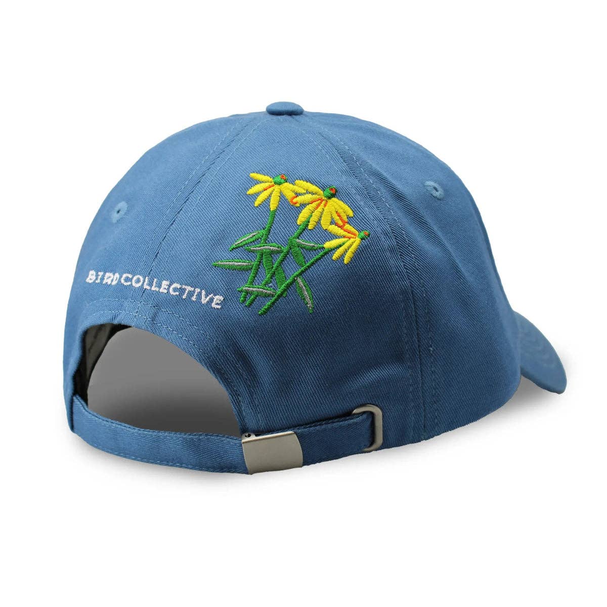 Blue cap back view with yellow flowers embroidery and Bird Collective text near the strap.