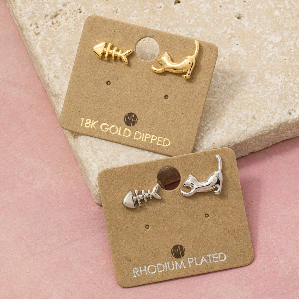 Cat And Fish Stud Earrings